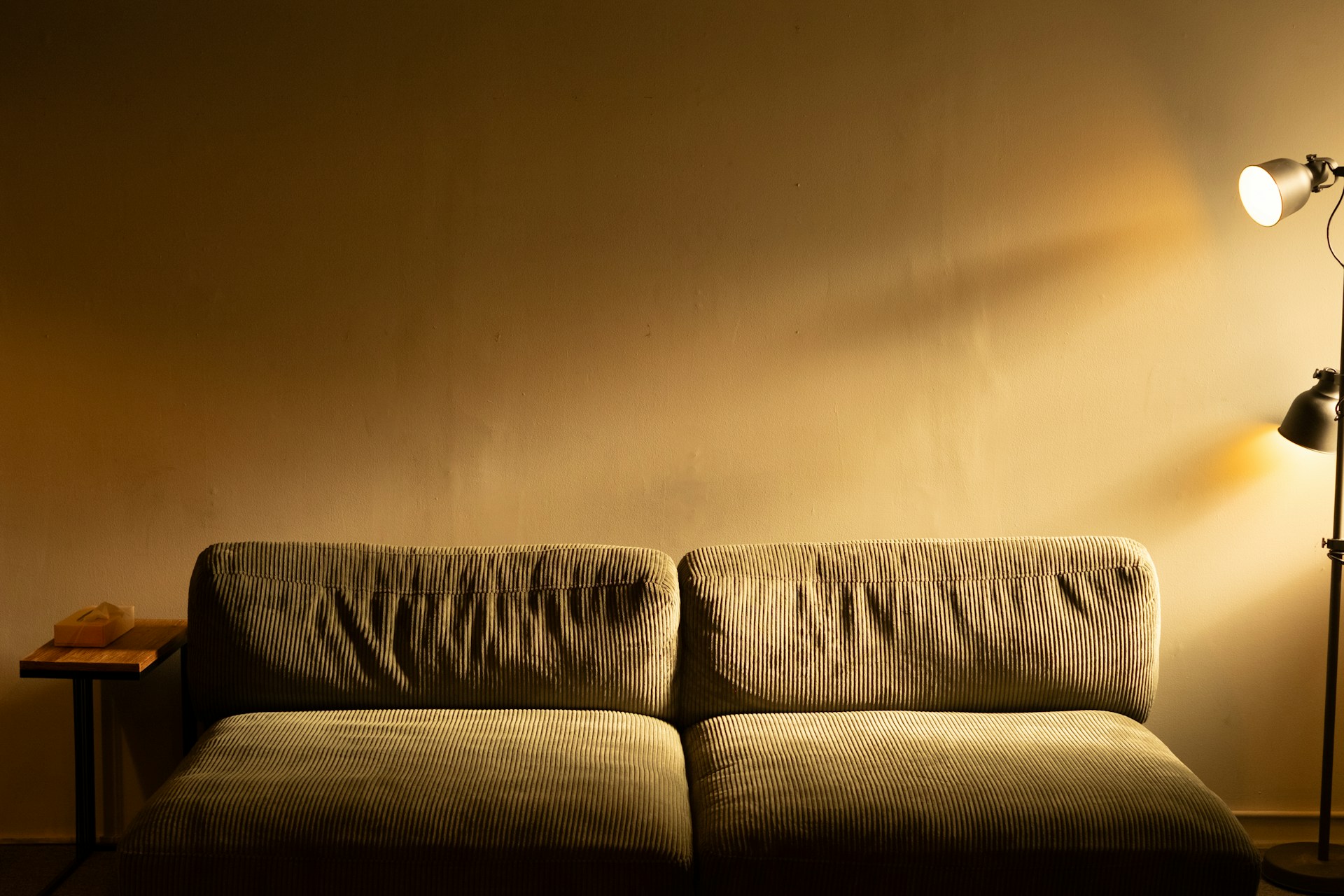 A cozy sofa with a floor lamp and a side table in a warm living room